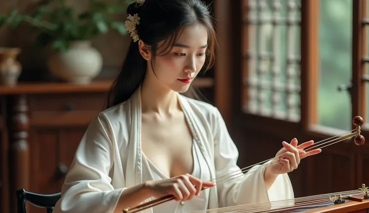 (artwork), (masterpiece), (best quality), Raw, 8K, masterpiece, extremely sharp focus, intricate details, a stunning Vietnamese female, makeup, pale skin, perfect body, long curvy hair, Hanfu, white silk, wide neck, opened clothes, She is sitting playing t...