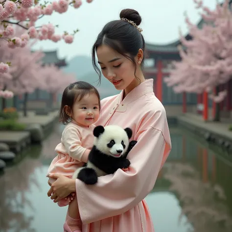 ((Photo of a Asian woman in traditional Chinese clothing holding an adorable baby girl in one arm AND a cute baby Panda bear in the other arm)), (temple grounds and sakura background setting), face, half body, body, high detailed skin, skin pores, overcast...