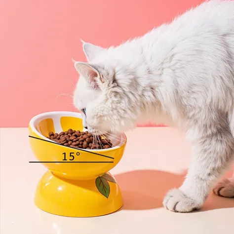 "A real picture of a cute white and grey ragdoll cat with with bright blue eyes, expressive eyes sitting next to a elevated ceramic yellow lemon shaped cat food bowl filled with brown dry cat food, Cat Ceramic Bowl Fruit Shape Food Water Snack Bowls Pet El...