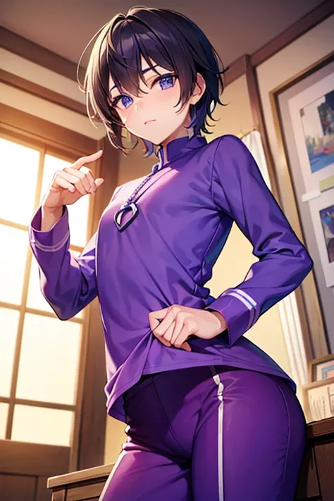 teenage boy wearing purple tunic and pants, (beautiful detail eyes), ((best quality)), ((masterpiece))