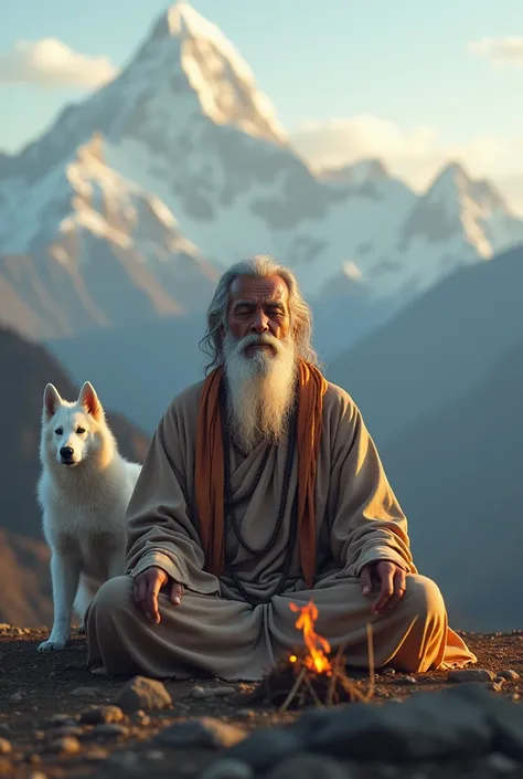 un homme sadhu médite, a coté de lui un berger blanc suisse, de lencens est allumé  derrière lui on peut apercevoir les montagnes de lHimalaya, il est face a la camera photo réaliste 