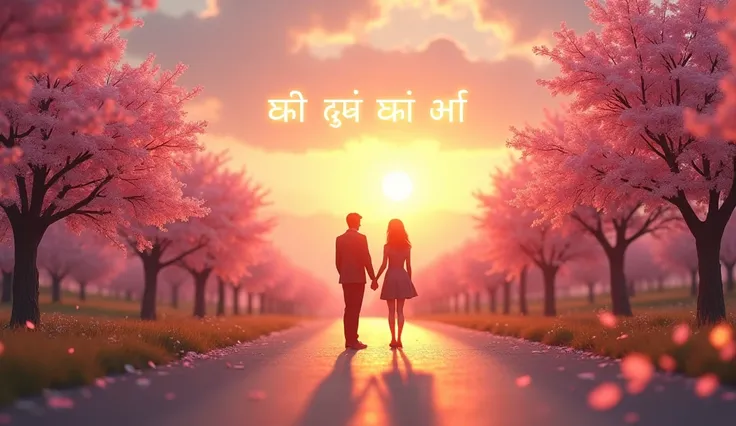 Prompt:** A cinematic 4K 3D-style image of a couple standing on a long, winding road at sunset. The road is lined with blooming cherry blossom trees, their pink petals floating gently in the air. The couple stands at the center, holding hands, their silhou...