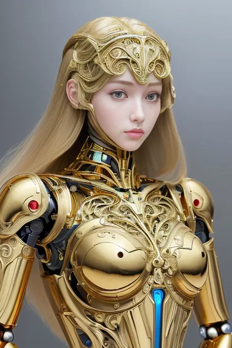 (masterpiece, high quality, intricate details, realistic:1.3), (whole body), (A girl-type robot in a gold full metalic body), perfectly beauty face, long-cable hair, Slim body、metropolis, sci-fi movie、 pastel colors、 Retrofuture, nsfw, high resolution film