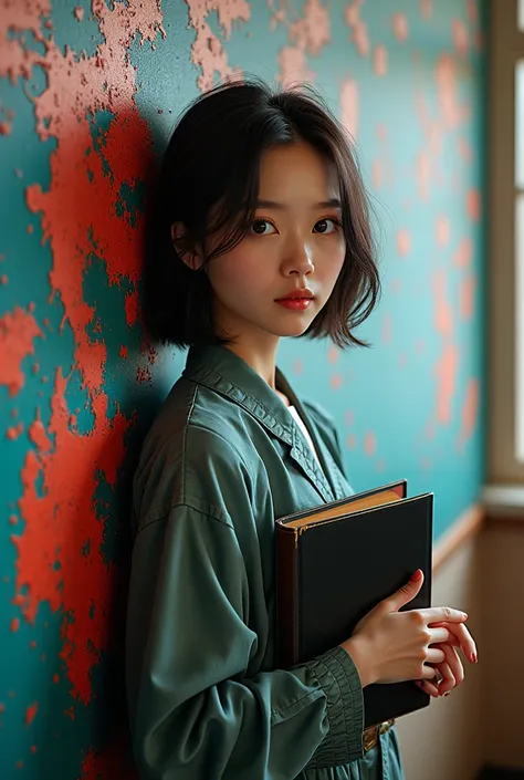 A high-quality 8K image of a mysterious game that created a wonderful masterpiece. The sharp lines of bright paint merge into a single magnificent creation on a classroom background. There is a Chinese lady in medium built with narrow brown eyes, and brown...