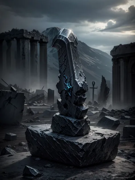 Mjolnir on top of a completely black stone with ruins in the background