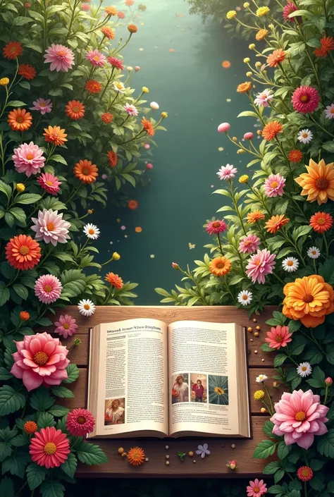 garden full of many flowers with magazine on top of a table in a zenithal plan (from above)