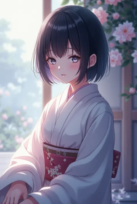 Anime character. Has silver eyes .  Short shoulder-length black hair. wear kimono.