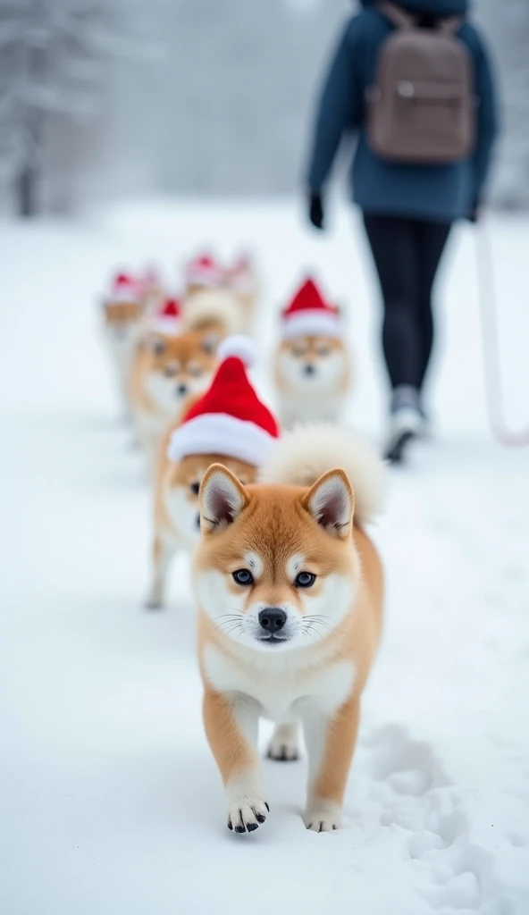 Realistic. Photorealistic. Image is vibrantly colored.
photo,Highly detailed

In a pure white snowy landscape, a row of adorable baby white Shiba Inu dogs wearing bright red Santa hats are toddling along. The white Shiba Inu dogs are fluffy and have large,...