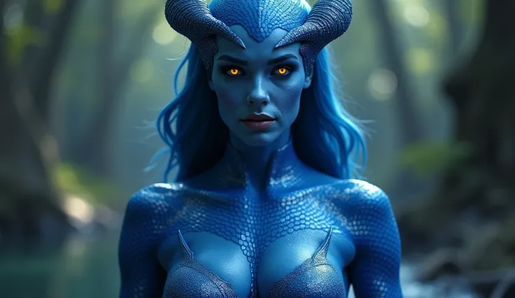 Mystique from X-Men, with deep neckline, big breasts in her elegant blue scales, is captured mid-transformation, her body shifting seamlessly between her natural form and a more delicate, human-like appearance. The soft light highlights the smooth curves o...