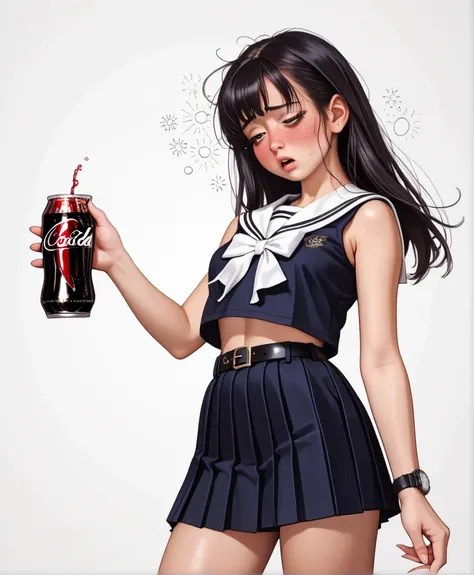 Resolution Image,  best quality , (A beautiful Japanese girl１Please describe a person ), (She gets drunk and hiccups:1.5),( sad:0.8),((cry:0.9)), real skin,skinny body, small breasts,  shiny black hair , super detailed round eyes,(( stares at viewers:1.0))...