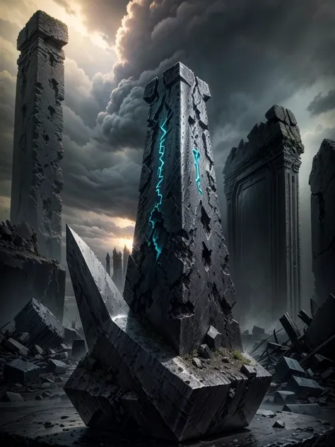 Mjolnir of Thor on top of a completely black stone with ruins in the background