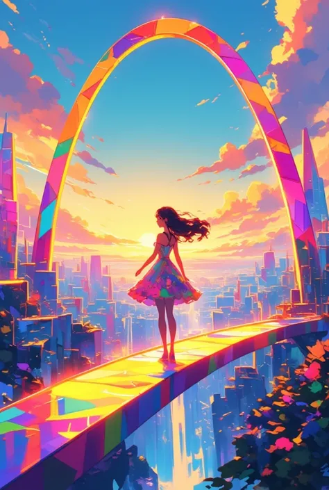 In the middle of a vibrant, rainbow-colored bridge that arches towards the sky and glows with a spectrum of luminous colors, a woman adorned in a whimsical, fairy-tale dress stands confidently. Her long hair flows around her, reflecting the dazzling colors...