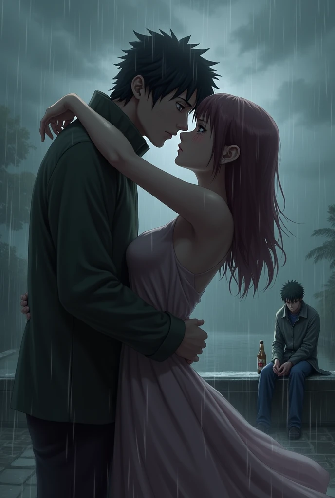 Create an image of Naruto kissing Sakura and Sasuke in the back drinking beer and crying on a rainy day 