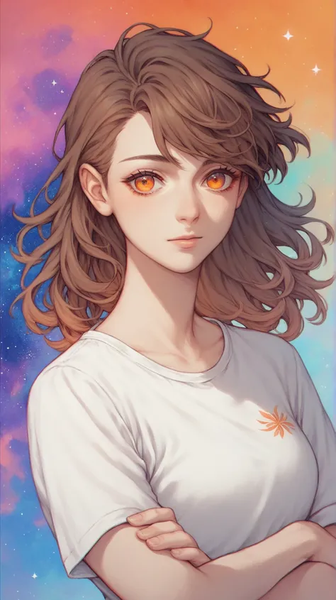  girl,  brown hair,  orange eyes,   arm-crossed, In the middle of the universe, ((Anime Style)),  white shirt, Gentle colors,  colorful background, Space Background,  Soft Strokes 