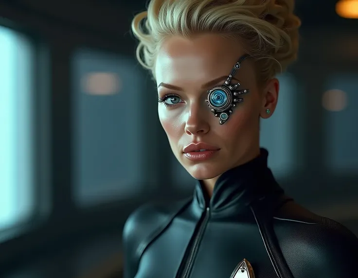 Sexy Star trek Babe, Seven of Nine ,Jerri Ryan, Borg metallic piece over her left eye,  detailed, Photorealistic, high resolution, 8k, photorealistic, hyper detailed, intricate details, dramatic lighting, cinematic composition