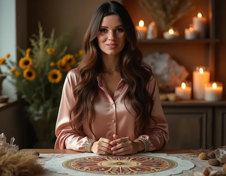 Create an ULTRA-REALISTIC image of a professional in a mystical environment by highlighting tarot cards in a Mandala with taro cards on the table, serene look,  wearing rose gold satin shirt with buttons and gold details, very long and voluminous loose hai...