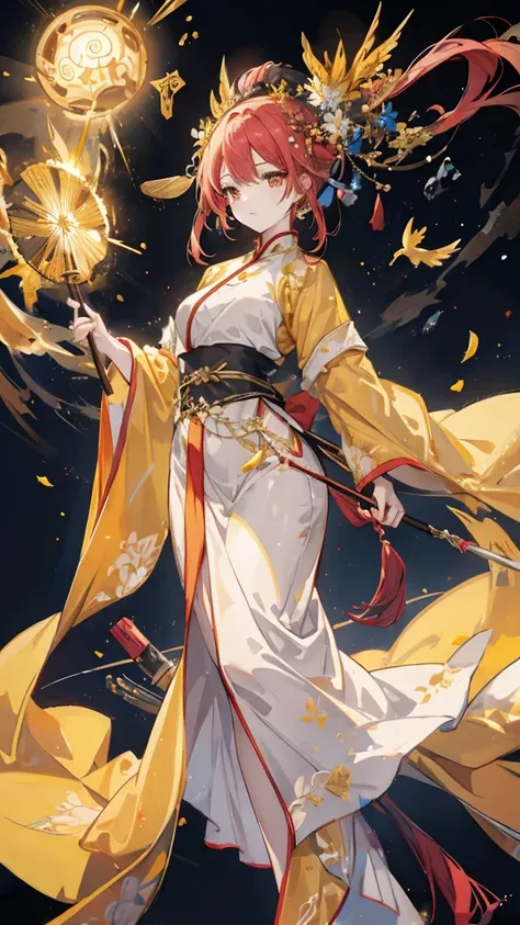 youth，Phoenix，yellow hanfu， Golden Chinese Armor，spear，simple background