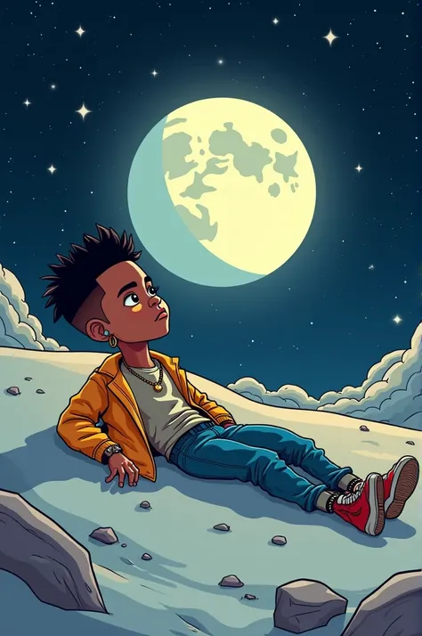 Make XXXTENTACION as a cartoon character and place him lying on top of the moon in space. 