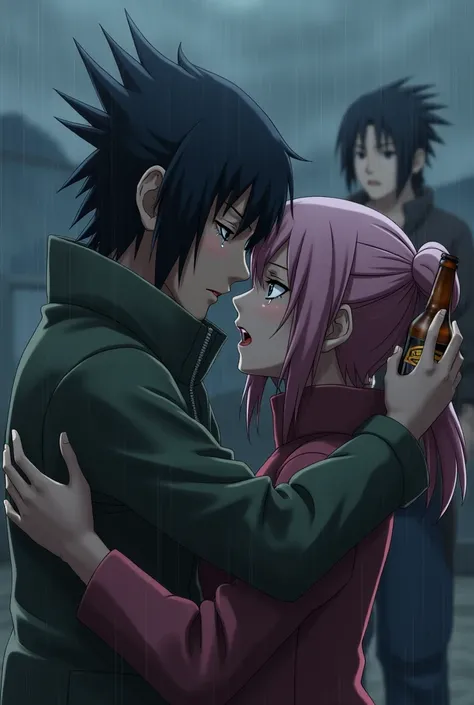 Create an image of Naruto kissing Sakura and Sasuke in the back, drinking beer and crying on a rainy day, make the characters the same as in the anime and make Sasuke very visible crying and drinking beer 