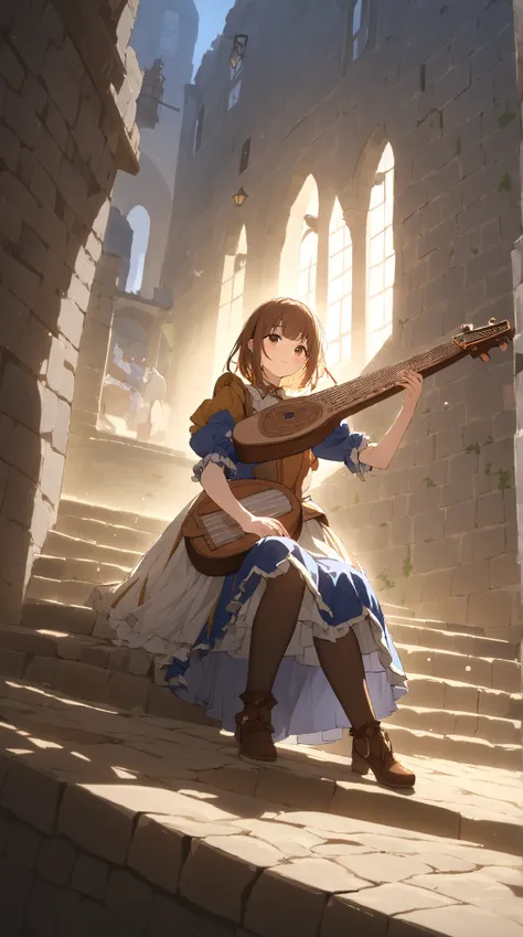 1 girl, (cute face), 18 years old, to many hairstyle, blush, Sing, medium breasts, wearing DQ3 style Bard costume, Playing the lute, (knee length), (sitting on stairway:1.3), for glossy skin, cowboy shot, Break 
(natural lighting, ambient light, long shado...