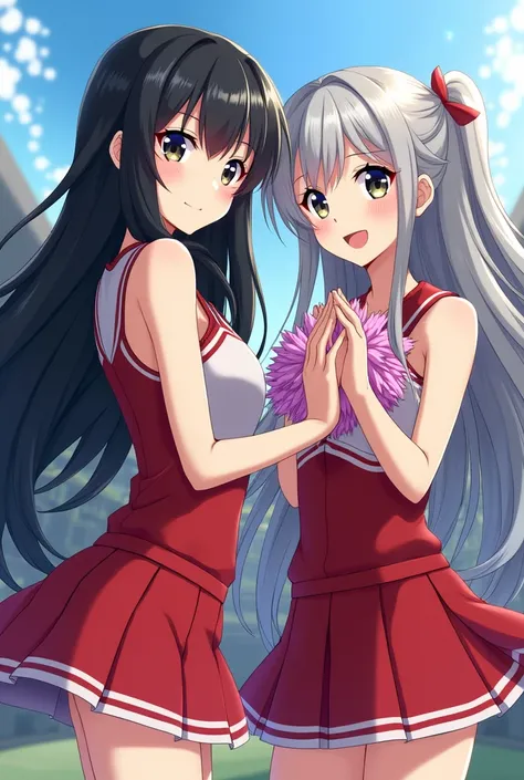 In the anime, 1 beautiful twin sister has black hair and 1 cheerleader costume has gray hair and is in a cheerleader costume