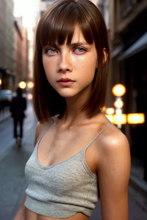 cinematic photography, (medium body portrait:1.2), (a beautiful and little young teen girl), (in 1986), (walking at the street), ((bangs)), ((skinny)), (((skinny cheek))), (thin cheek), on a sunny and very busy street, street background, ((medium body shot...