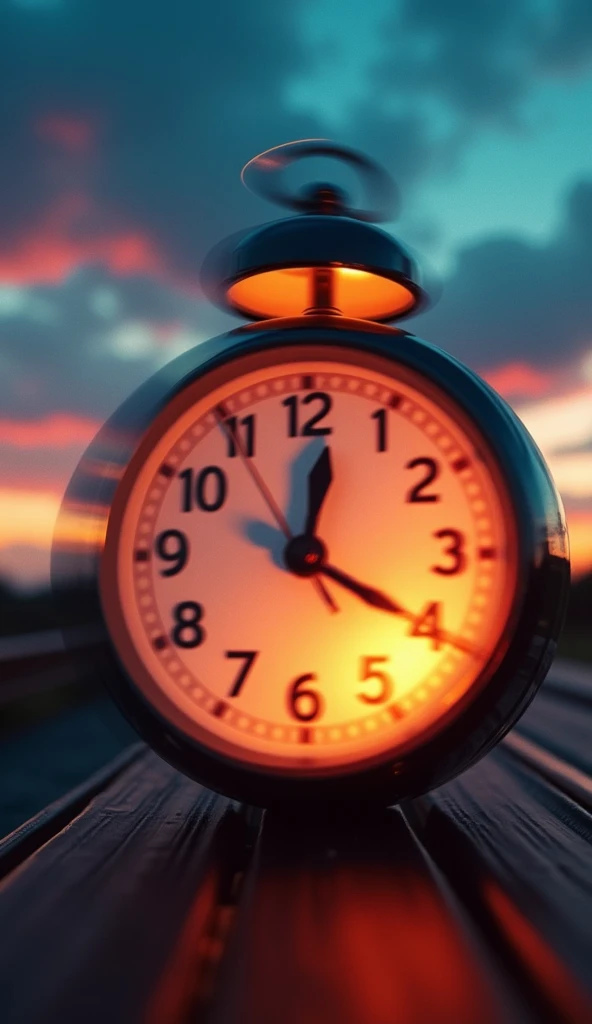 An image of a clock with the hands moving rapidly, creating a sense of frantic motion. The clock is in the foreground, with the hands spinning at high speed, blurred by the movement. The background could depict a landscape or environment that distorts with...