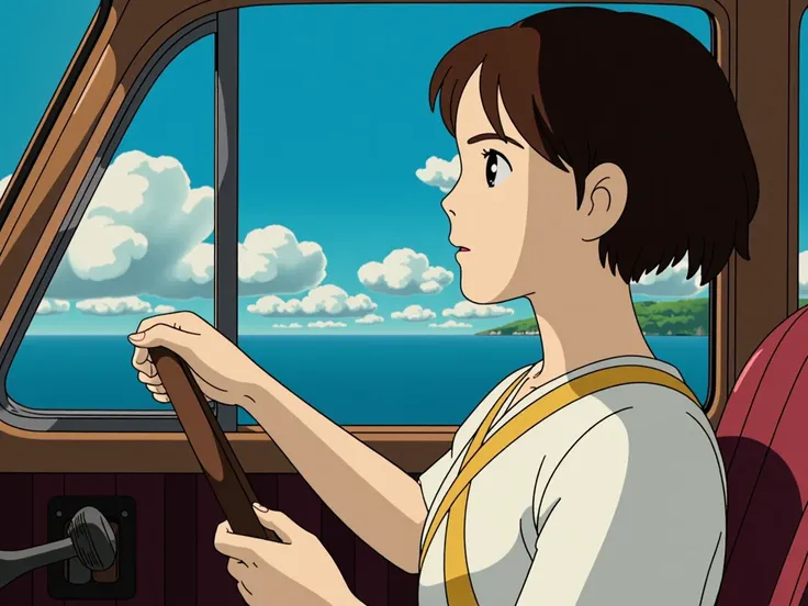 masterpiece,  best quality, Rainbow Style, Anime,  Beautiful Asian Girl, K-Pop aesthetics and style,   rainbow、 80s American hippie style,  Cute and dreamy,Anime, illustrator, Lofi Girl , Studio Ghibli,Ghibli Style、driving、evening、Seaside、No ribbon