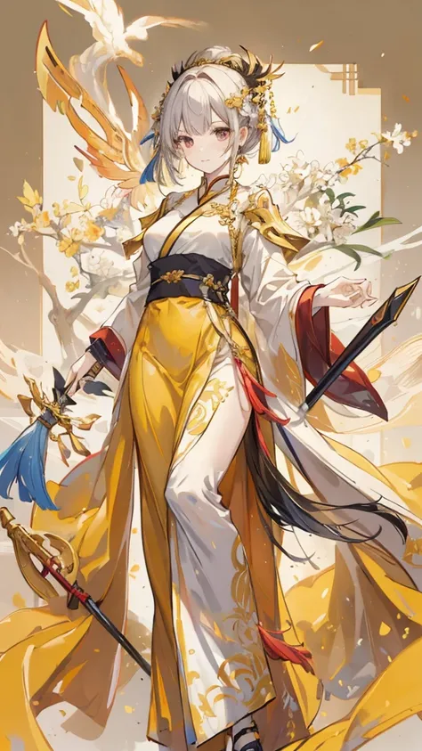 youth，Phoenix，yellow hanfu， Golden Chinese Armor，spear，simple background