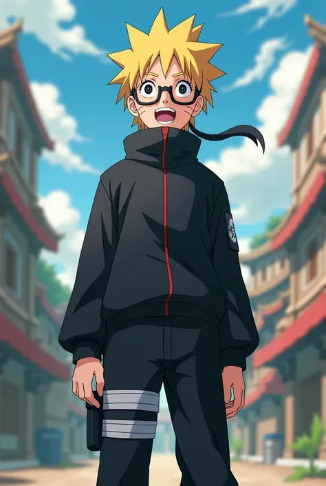 A tall 16-year-old , with slightly dark yellow hair , his hair will be tied , with black glasses,  black eyes ,  wearing a black outfit and with a singing smile.  He will be a ninja from Naruto Shippuuden  