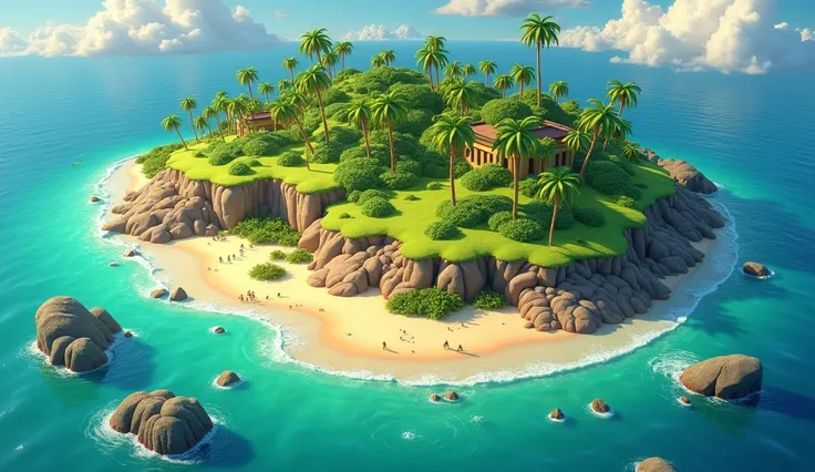 "Large, stylized tropical island inspired by Clash of Clans trailers, featuring exaggerated and vibrant textures. The island includes a mix of lush, cartoonish palm trees and scattered tropical vegetation with rounded, soft shapes. The ground is a mix of v...