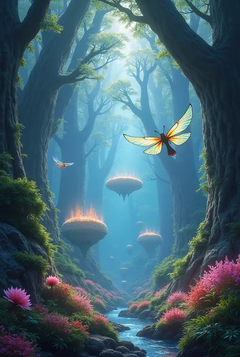 An enchanting forest with a beautiful landscape ,  from another world like an alien world 