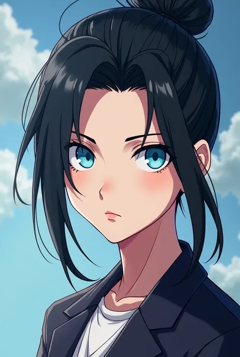 Anime style, pale sking boy 21 year old boy, with black long hair tied up in a man bun and light blue eyes