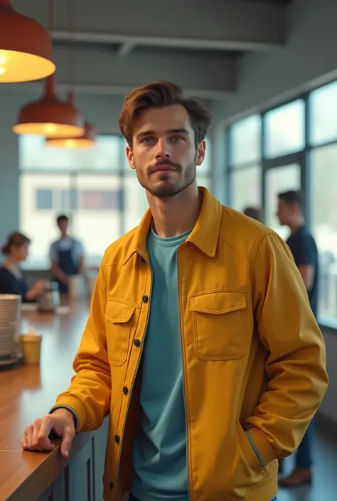 a young white man in a yellow jacket and blue t-shirt who is asking for coffee in a
cafeteria (realistic)