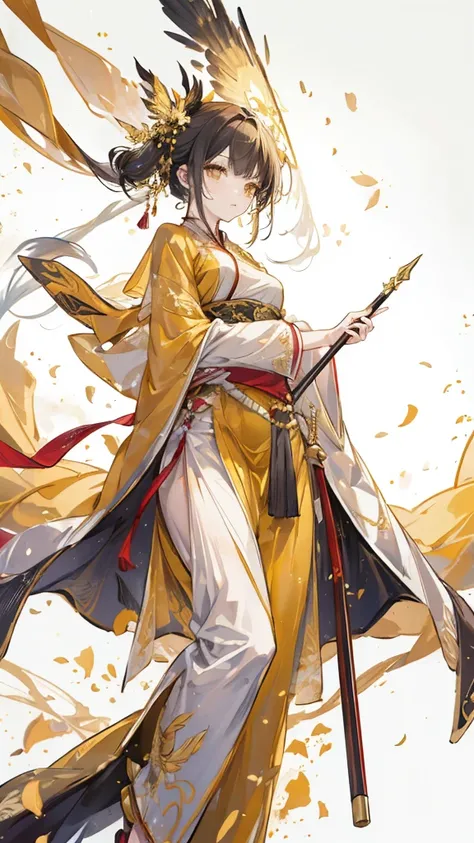 youth，Phoenix，yellow hanfu， Golden Chinese Armor，spear，simple background