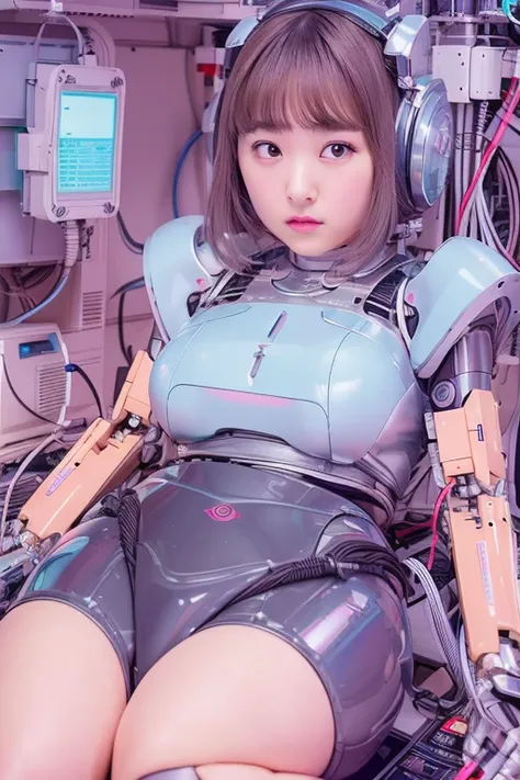 masterpiece, best quality, extremely detailed,portrait,front view,Japaese android girl,Plump,pastel color uniform, control panels,android,Droid,Mechanical Hand, Robot arms and legs,Blunt bangs,long tube,thick cable connected her neck