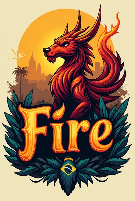  Logo of the company Fire in the Project : Inclined writing on fire , Portuguese BRAZIL,  with a mascot influenced by fire in the background. Arte linear, vintage style drawing