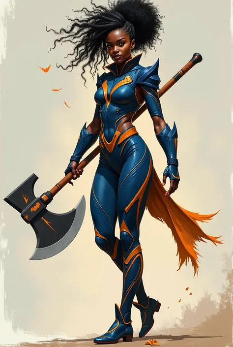 Lets create a new hero, a  African female who wields a double edged axe that is infused with Nzari force, she gets her super strength and flight from the weapon. When she grabs hold of the axe a super suit like armour covers her, it blue with orange streak...