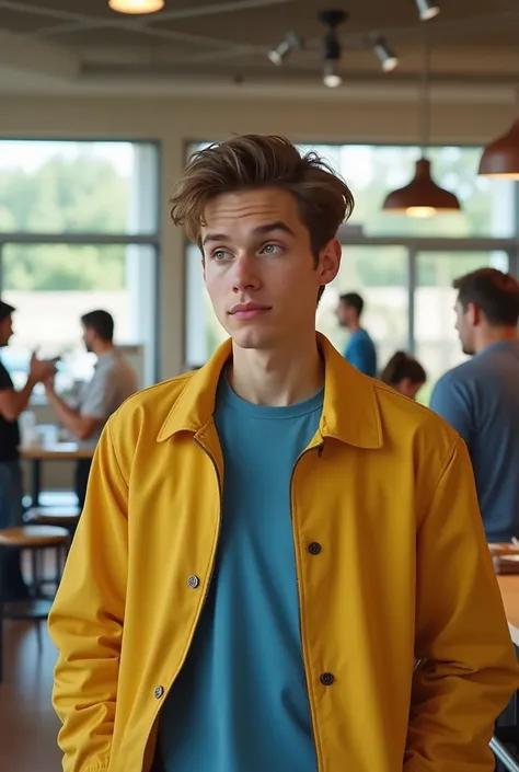 a young white man in a yellow jacket and blue t-shirt who is asking for coffee in a
cafeteria (realistic)