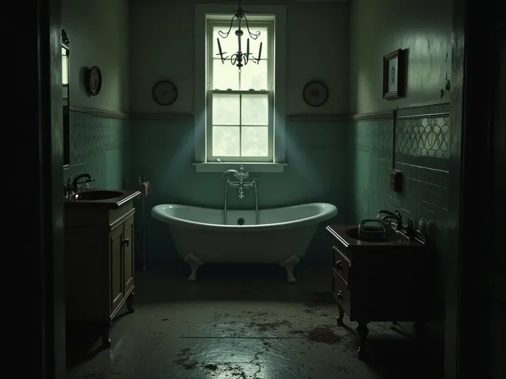 bathroom of a house in the Victorian era, Tense atmosphere, dark with melancholy ,  high definition, 4K