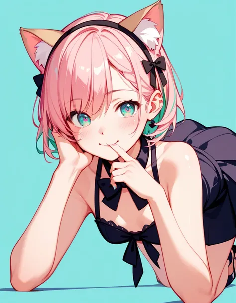  High image quality 、          High Quality         、           girl with cat ears        、           salmon beige hair        、   pastel pink inner color  、Beige ears   、   Medium Hair     、  Rob      、     my hair is beige and pastel pink 、  Turquoise Ey...