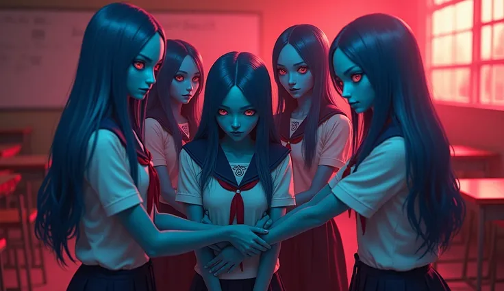 5 blue sexy alien girls with long hair in school uniform napped a human young man teacher. classroom in background.  red atmosphere