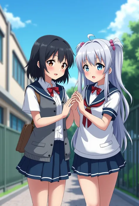 Anime elementary school twin sisters, 1 beautiful girl, wears male school run, has black hair, has 8 volumes of short hair, and the other wears cheerleader clothes, gray hair, long hairstyle