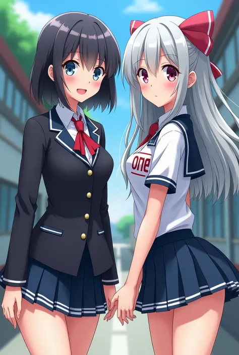 Anime elementary school twin sisters, 1 beautiful girl, wears male school run, has black hair, has 8 volumes of short hair, and the other wears cheerleader clothes, gray hair, long hairstyle