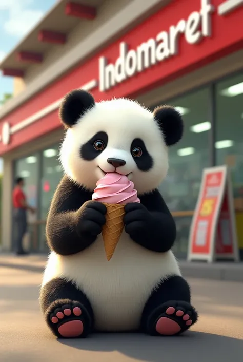 Real little panda eats ice crim against indomaret background