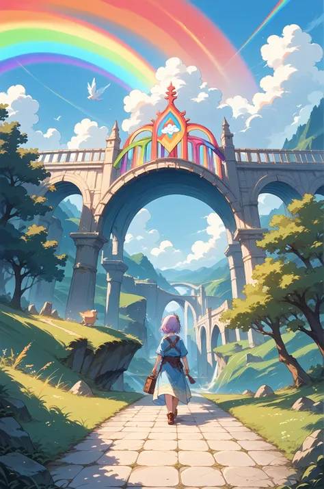 score_9, score_8_up, score_7_up, source_anime, back view, landscape, mythical, fantasy theme, (A girl walking on a rainbow bridge:1.2), with colorful beams of light illuminating her path.