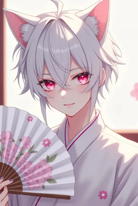 Realistic anime-style 4k quality image , Where is a handsome 24-year-old man who wears , Half human and half feline with cat ears , he has white skin,  white hair and pink magenta eyes .  This same man has a serious face with a slight smile , and look at t...