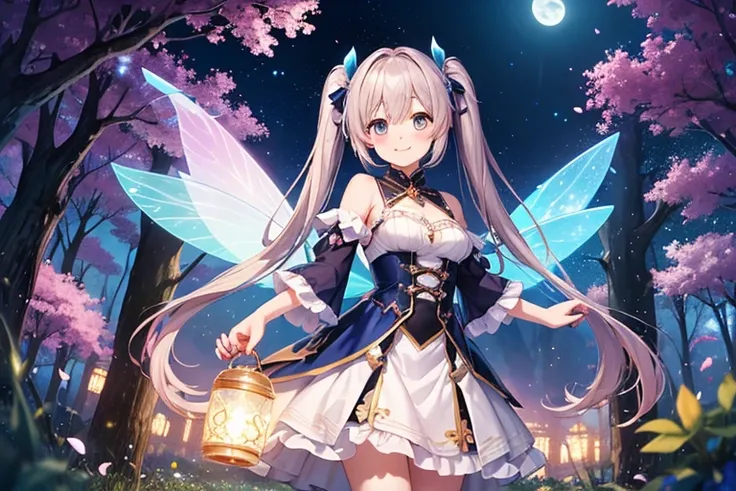 In the magical forest, Mysterious fairy girl appears, Light blue long hair、  twin tails、Adorable smile、The moonlight shines brightly. Her skirt, Woven with petals and stardust, rainbow, Flowers and trees々々 Flapping wings among glowing fireflies  ,  a wonde...