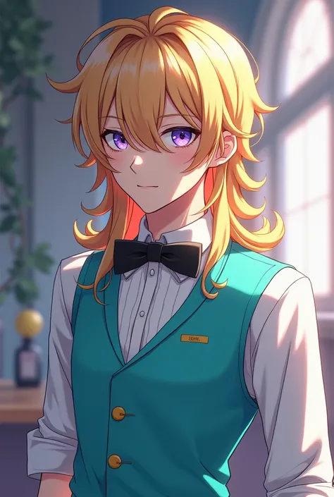 A male anime character , long curly blonde hair  ,light purple eyes and turquoise bartenders uniform