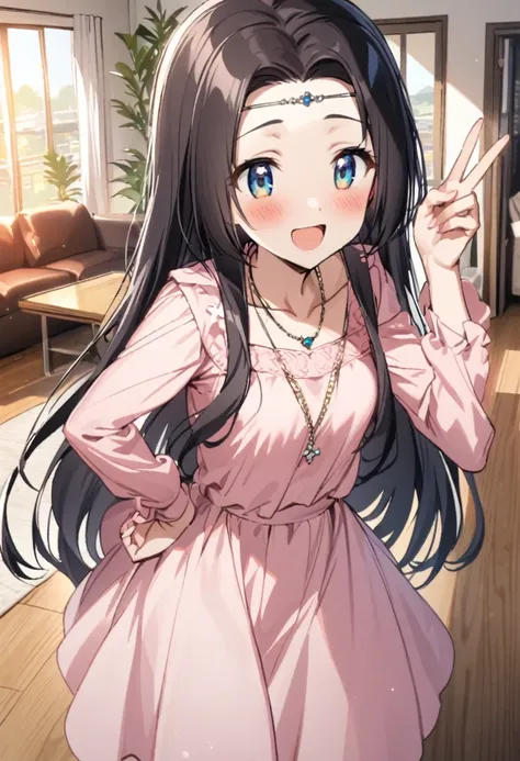 score 9, score 8 up, score 7 up, kaguya, happy, blush, shiny skin, blush, 1girl, solo,  long hair, black hair, standing, living room, pink dress, collarbone, long sleeves, outdoors, necklace, jewery, hand on hip, v, 